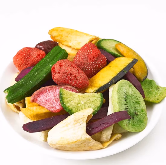 Micro-Suministro de Frutas y Verduras Deshidratadas, Chips de Frutas y Verduras de Okra, Chips de Setas Mixtas, Zanahorias y Guisantes